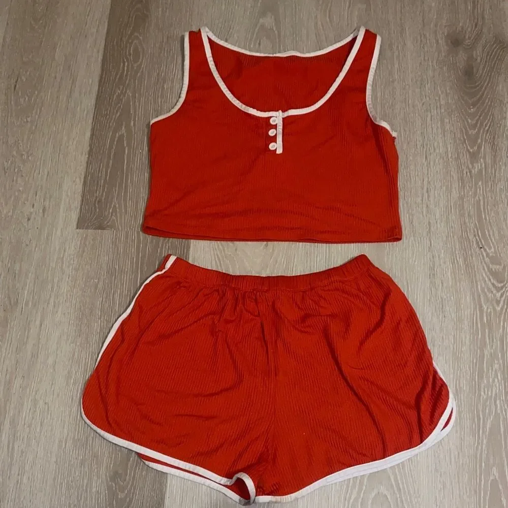 Capella Cropped Ribbed Tank and High Waisted Loungewear Shorts 2 Piece Set sz Lg